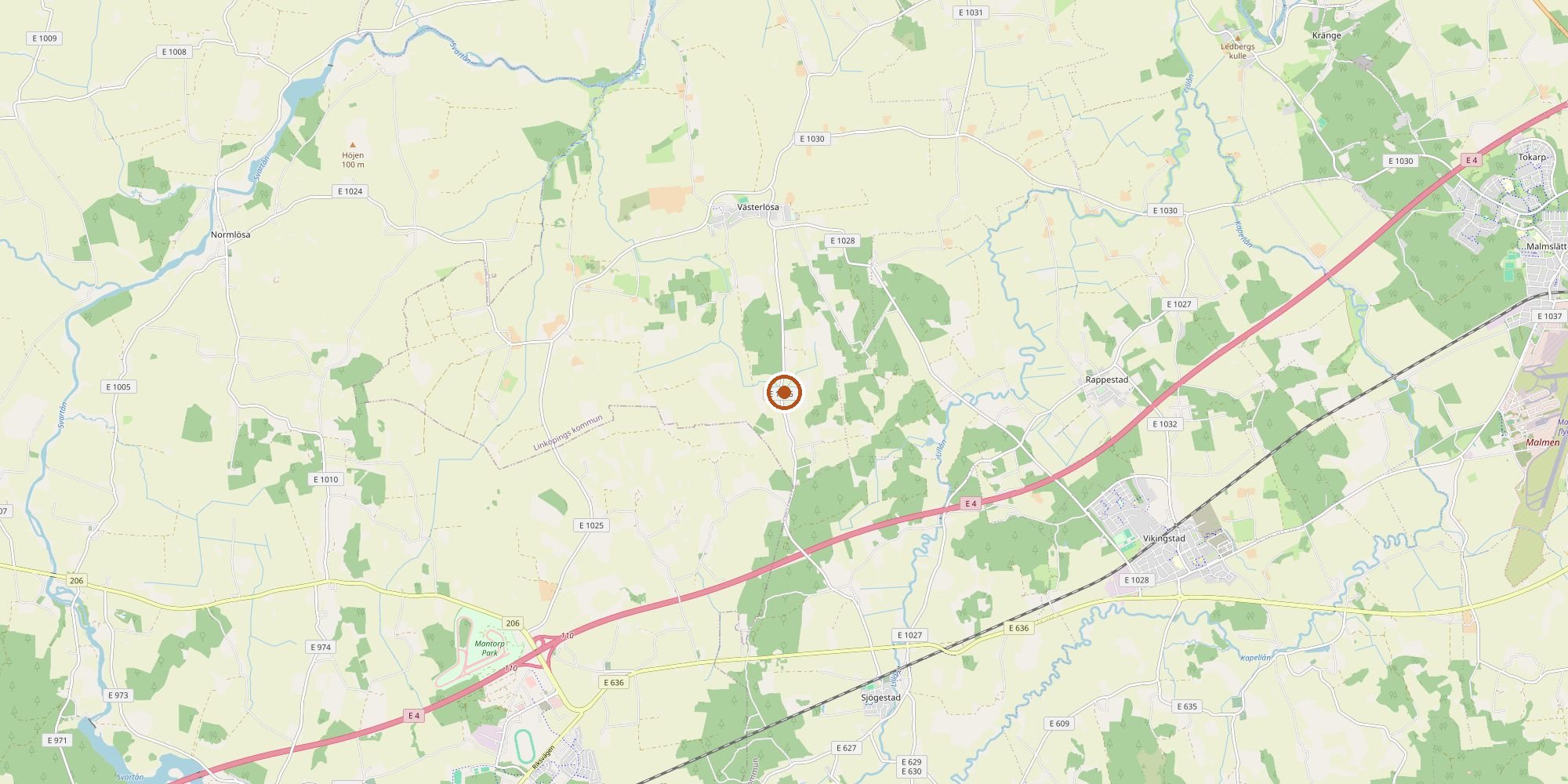 Map of the plain west of Linköping with the field marked